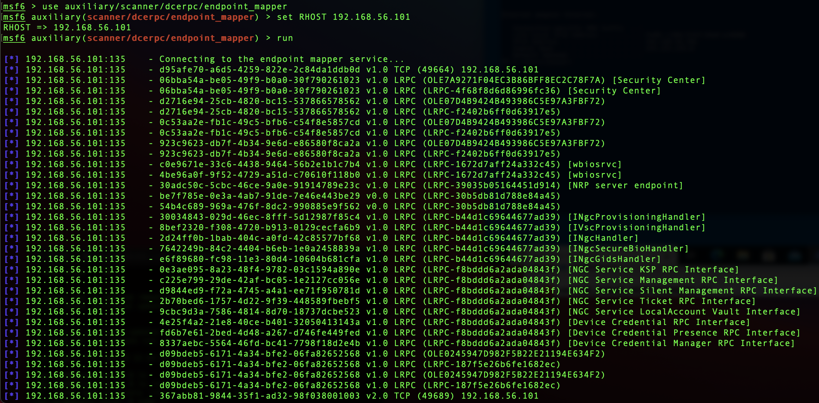 Metasploit enumerating the DCE/RPC services available on a Windows 10 system