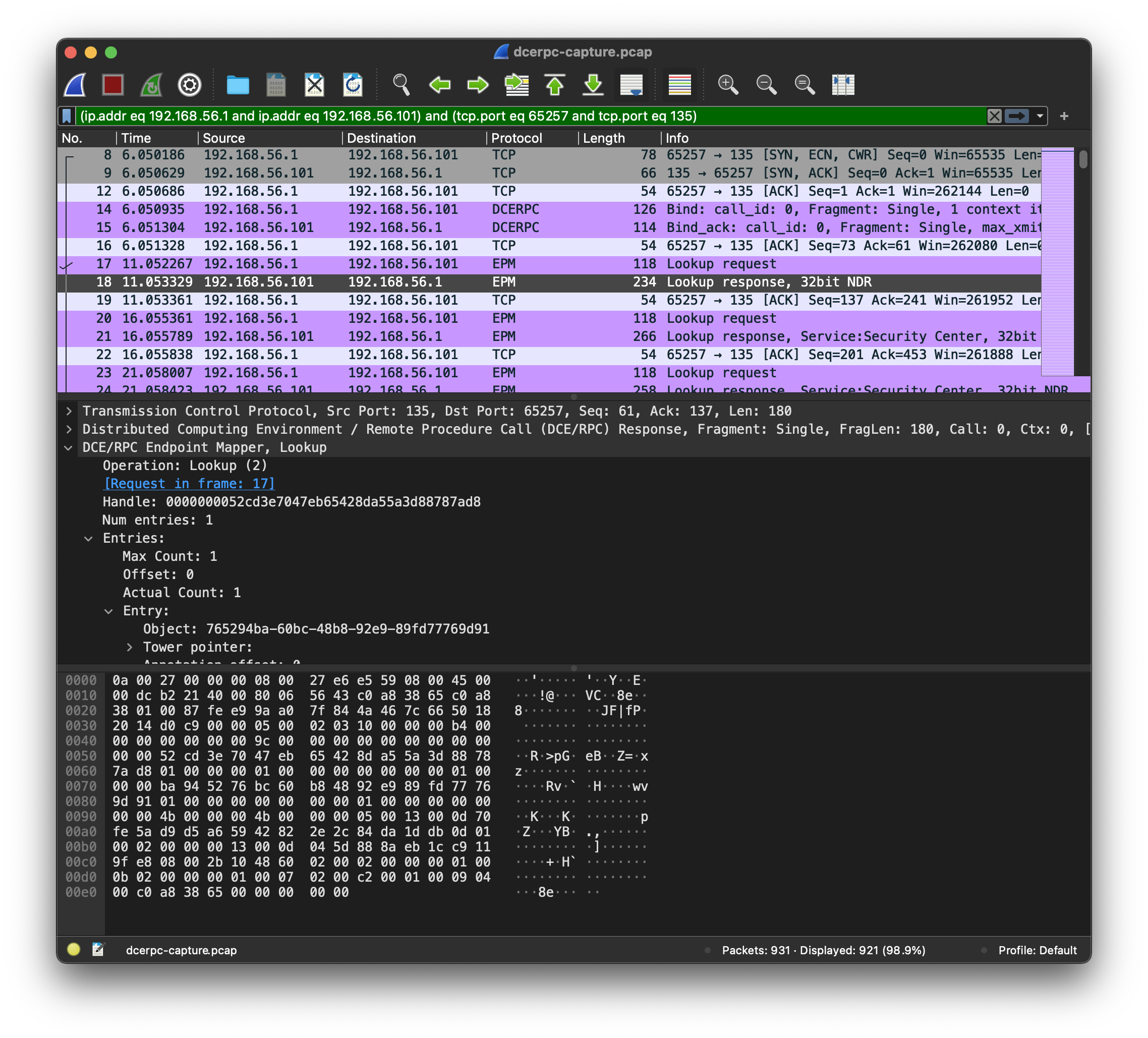 Wireshark showing enumerated DCE/RPC services on a Windows 10 system