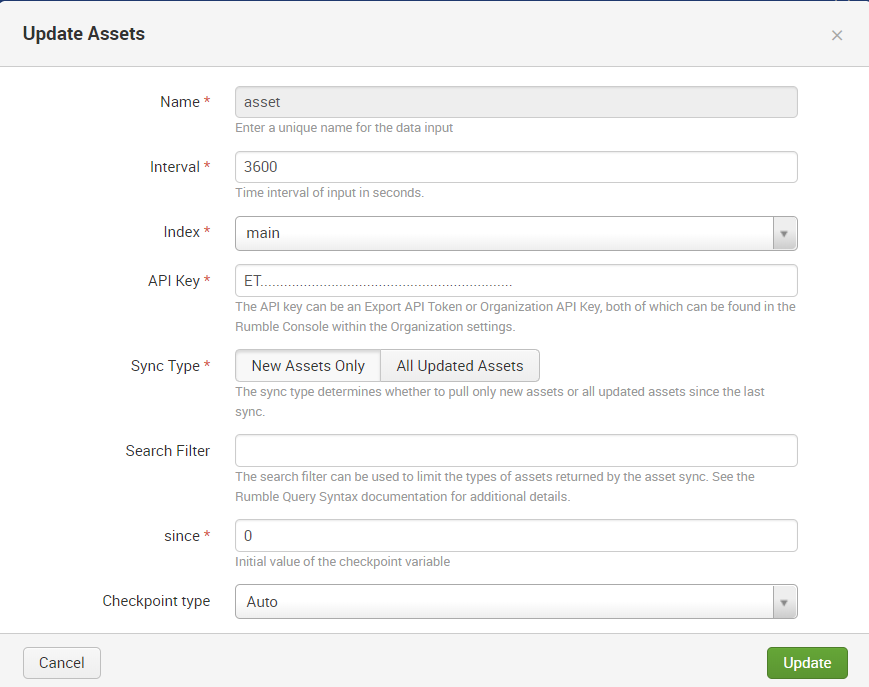 Rumble Splunk Addon Configuration