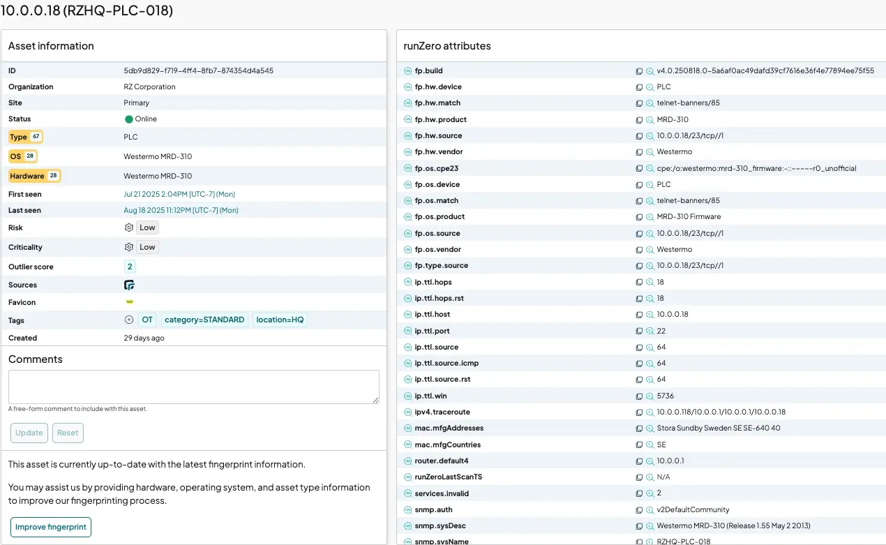 View of asset details for a PLC safely scanned by runZero