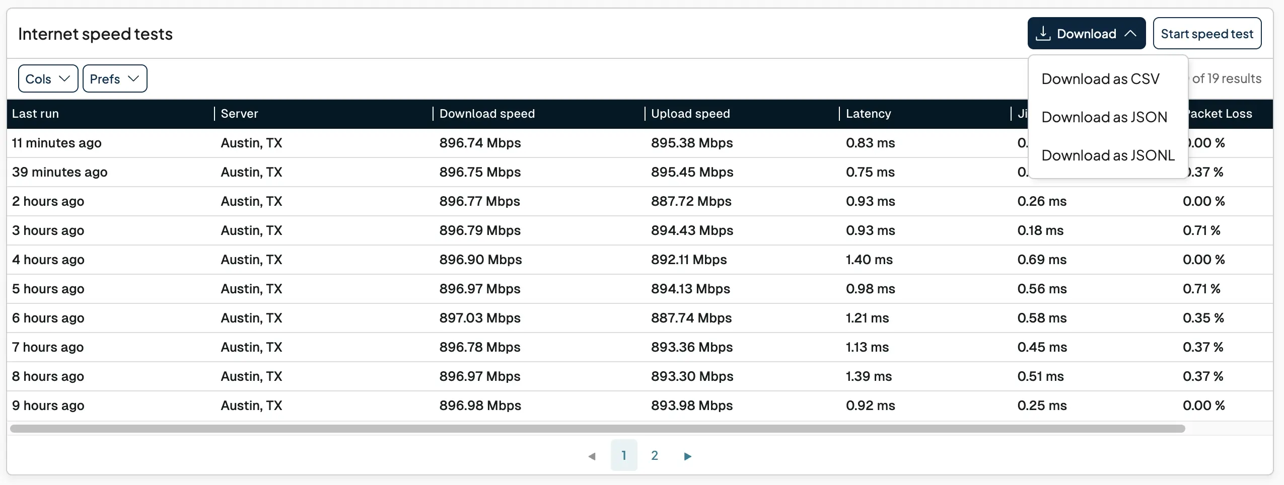 Speed test results can be downloaded in detailed formats, including JSON, for deeper analysis.